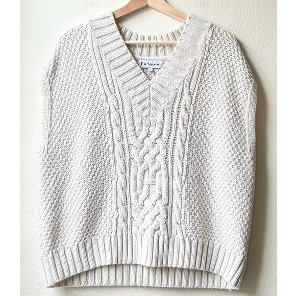 En Saison Alisa Natural Ivory Cream V-Neck Cable-Knit Sweater Vest Sz M - Picture 5 of 16